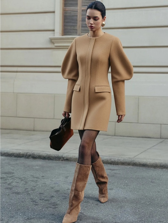 Commense Dresses & Skirts - Commense Structured Puff-Sleeve Wool Blend Dress Coat in Camel